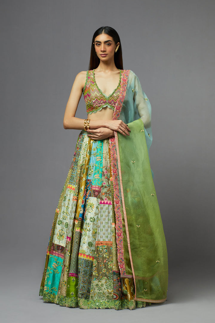 Multicolour panelled lehenga set with dupatta