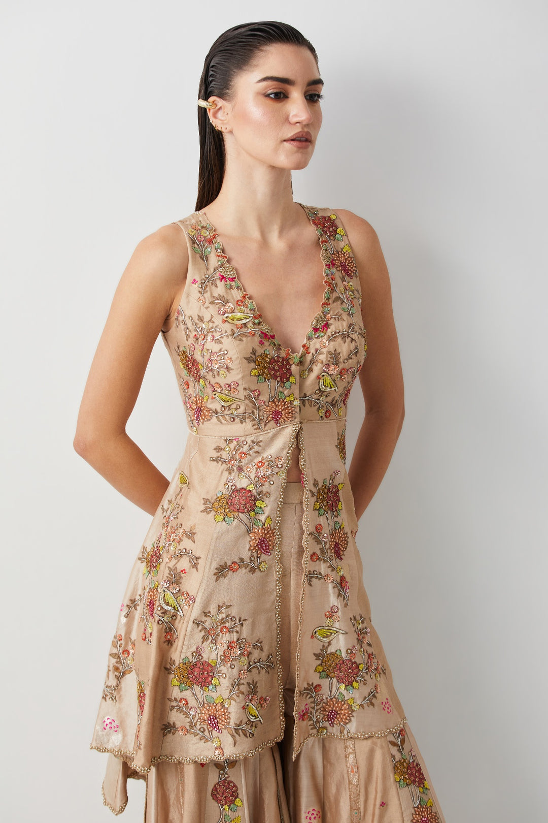 Ivory Silk Embroidered Peplum Sharara Set