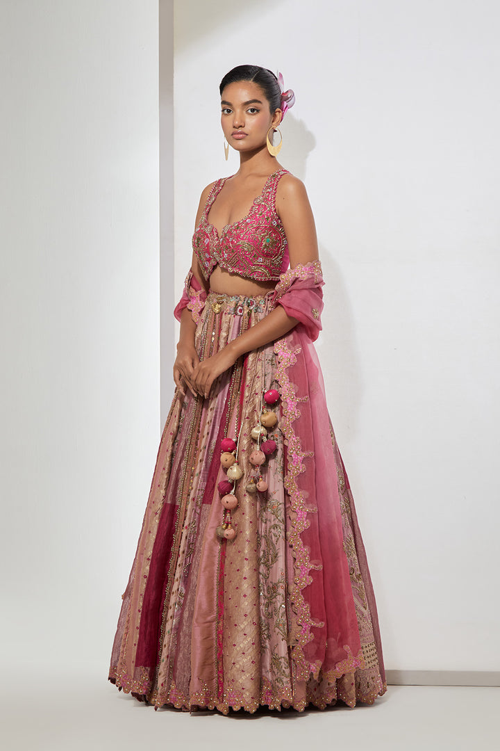 Baby Pink &amp; Hot Pink Multi-Panel Banarasi Silk Lehenga Set with Heavy Zardozi Scalloped Blouse