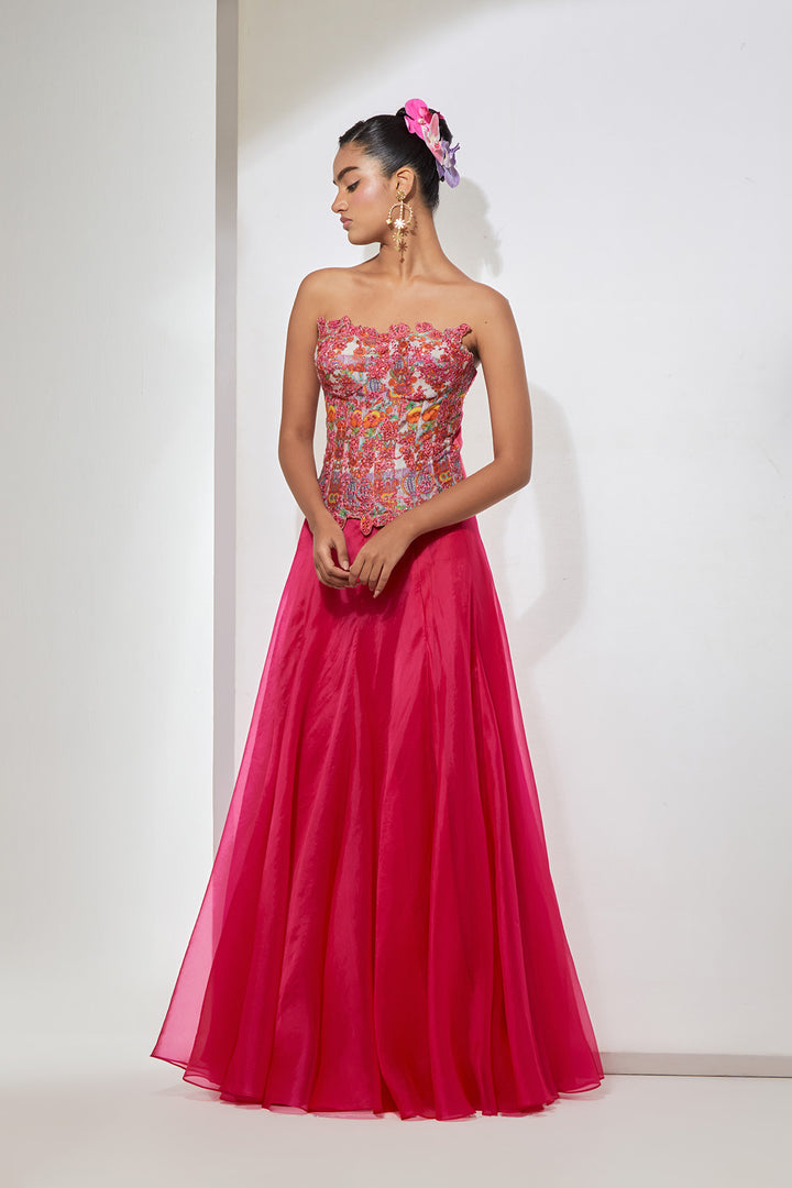 Pink Hand-Embroidered Silk Corset &amp; Organza Skirt Set.