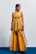 Mustard yellow embroidered peplum sharara set