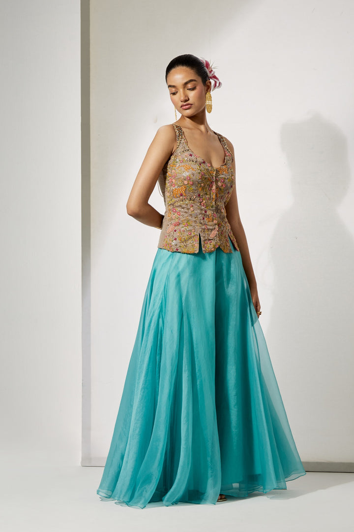 Grey Embroidered Corset &amp; sky blue Organza Skirt Set