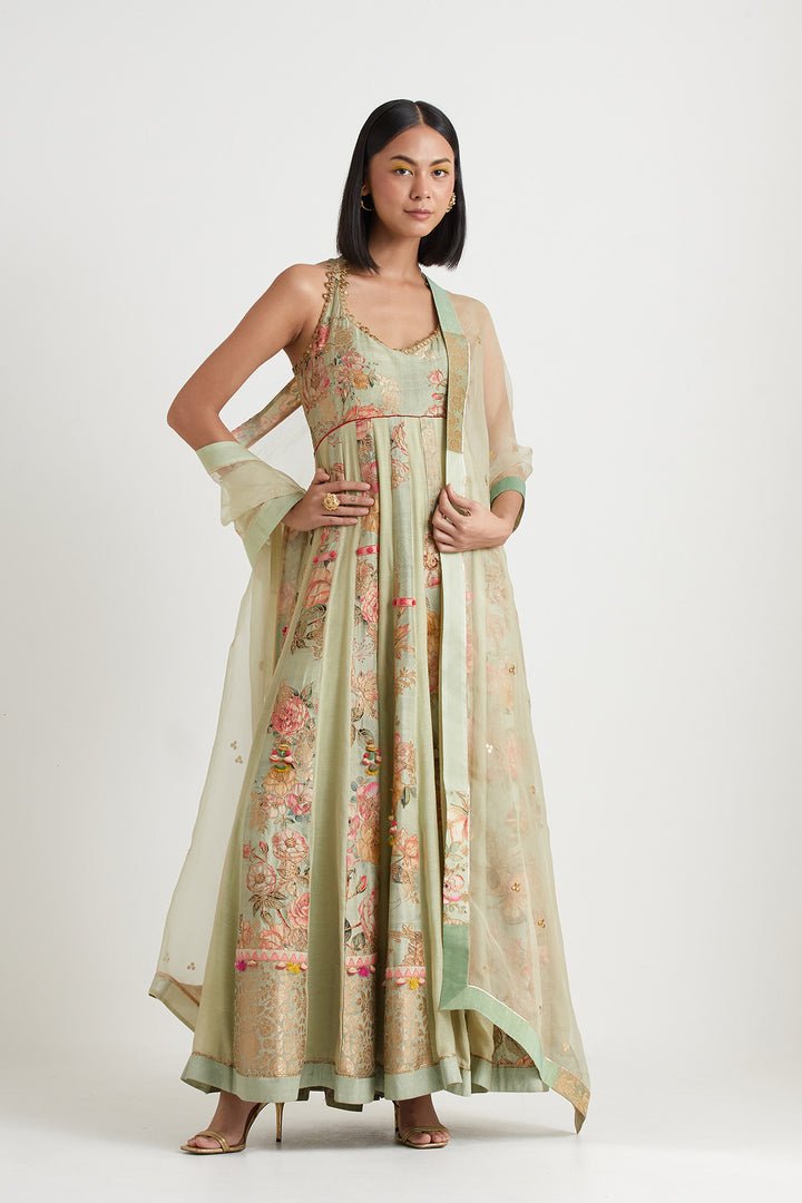 L. green printed embroidered anarkali with dupatta