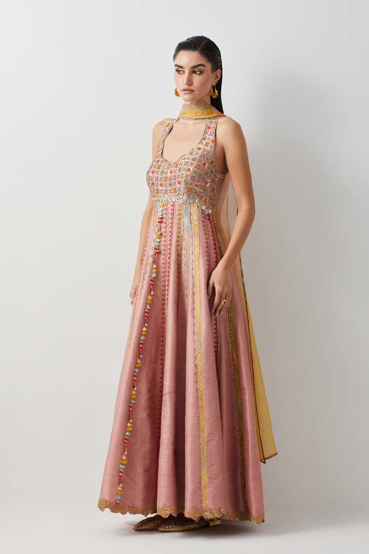 Rose Pink Silk Embroidered Anarkali Set