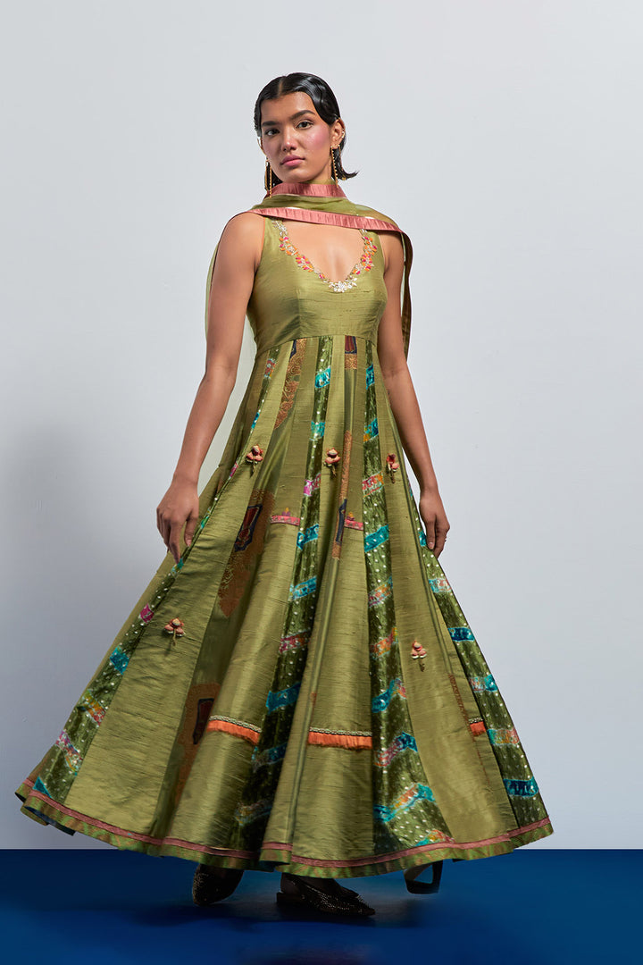 Lime green embroidered anarkali set