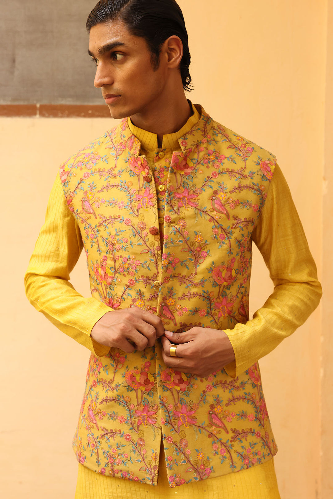 Sunshine Yellow Silk Brocade Jaal Bandi Set