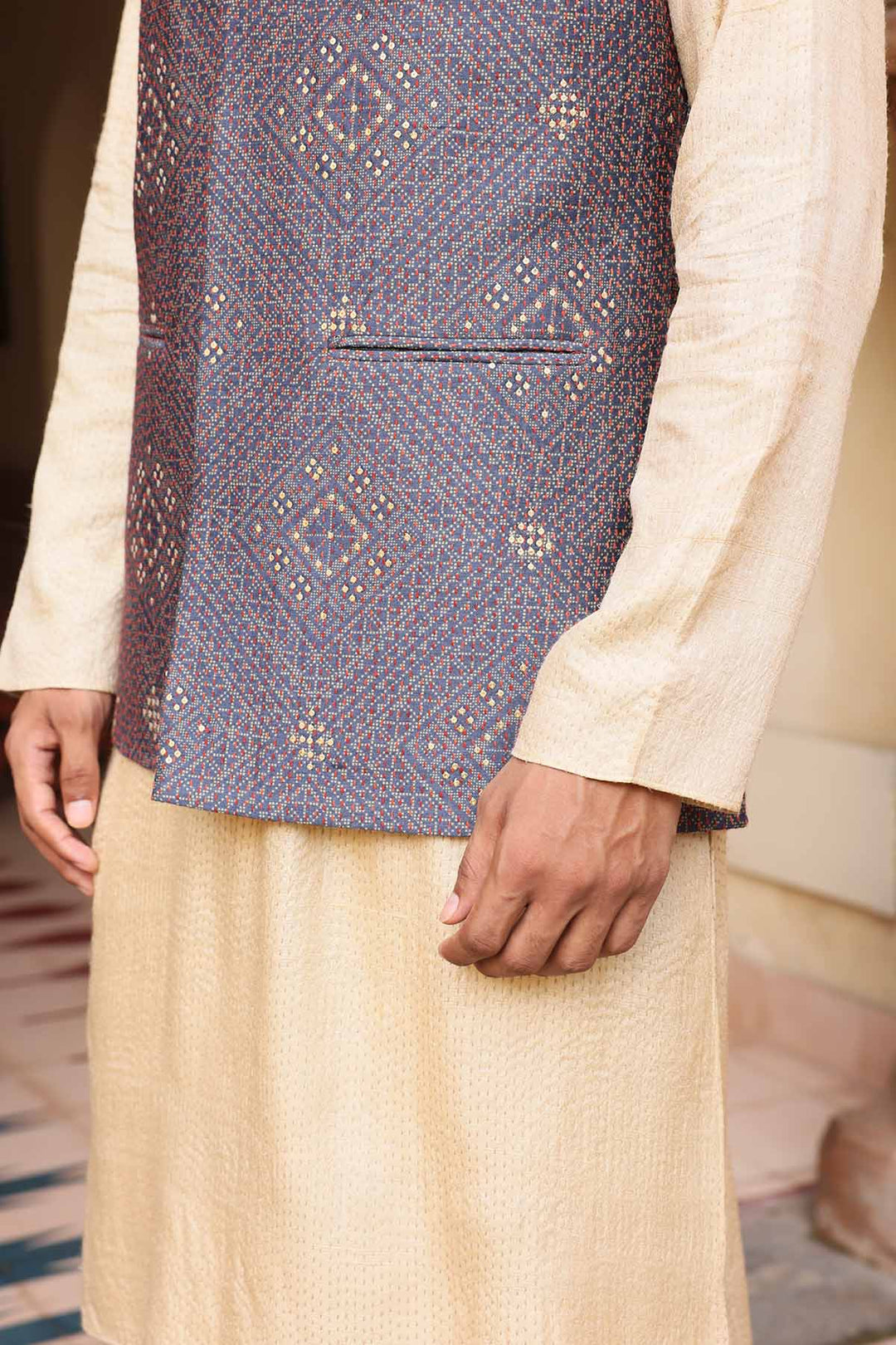 Beige kurta set with embroidered nehru jacket