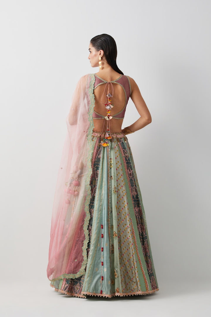 Aqua Silk Hand Embroidered Lehenga Set with Organza Dupatta