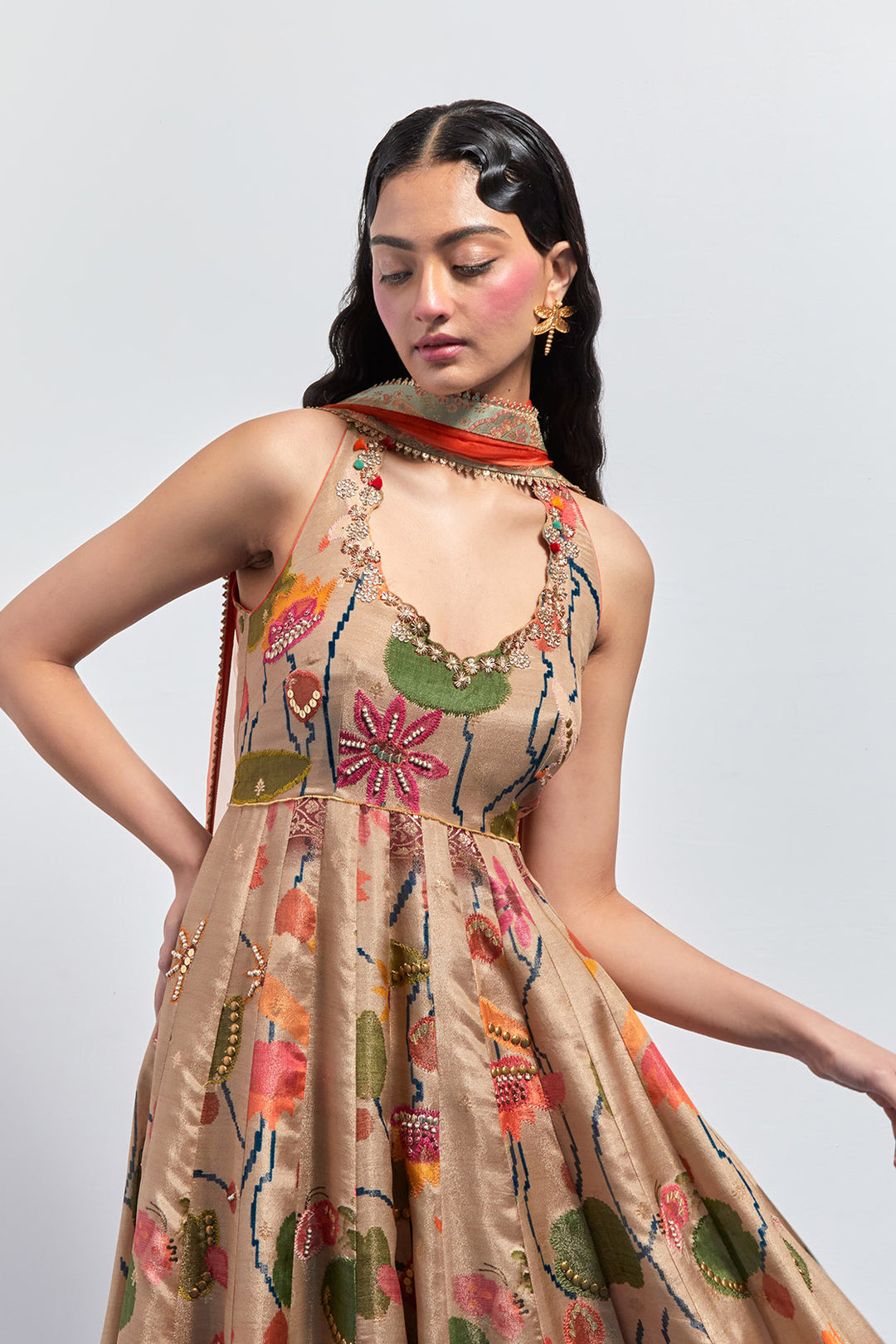Beige floral anarkali set