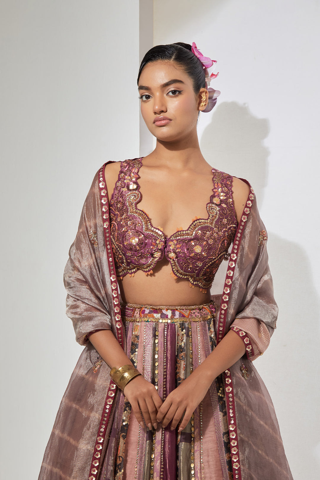 Burgundy Pink Patchwork Embellished Lehenga Set with Organza Dupatta