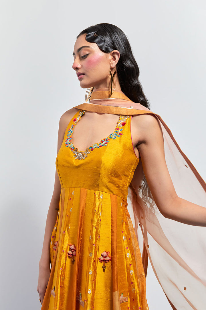 Mustard yellow embroidered anarkali set