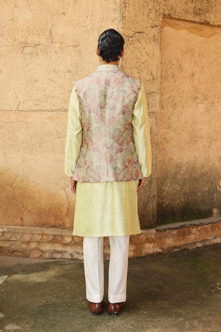 Mint Green Silk Kurta Set with Brocade Jacket