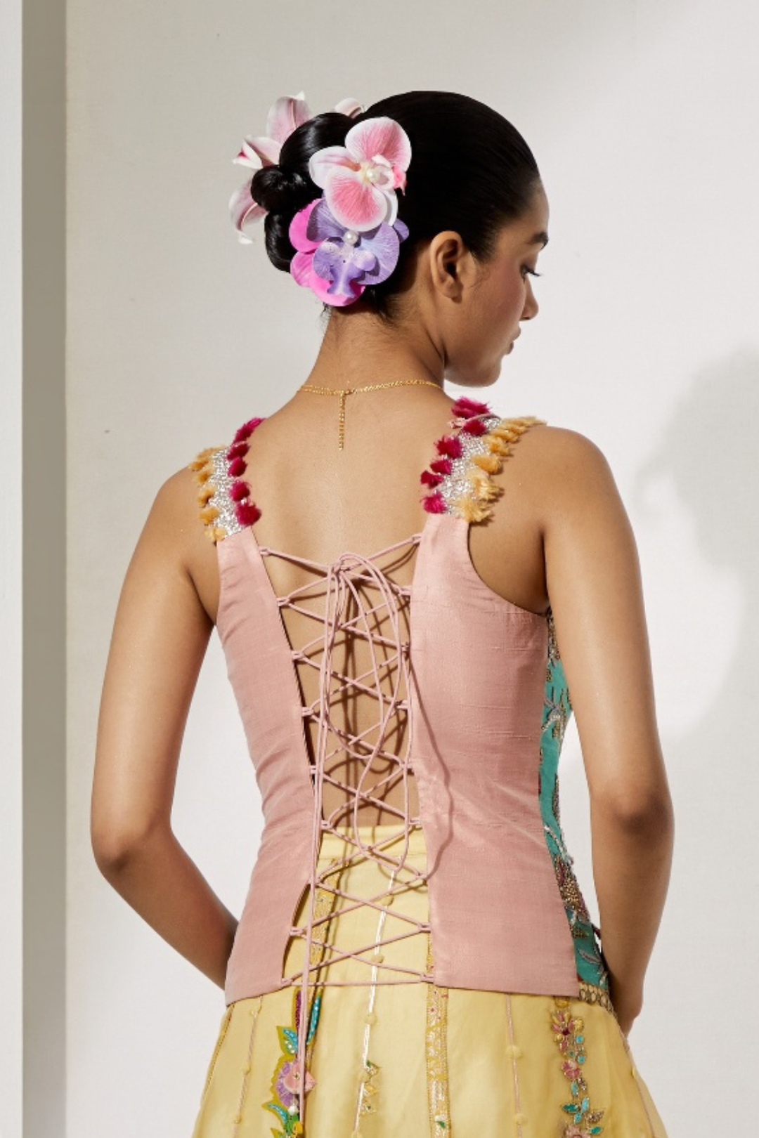 Fuschia Organza Flared Skirt+Aqua Resham Work Corset with Tassel Straps