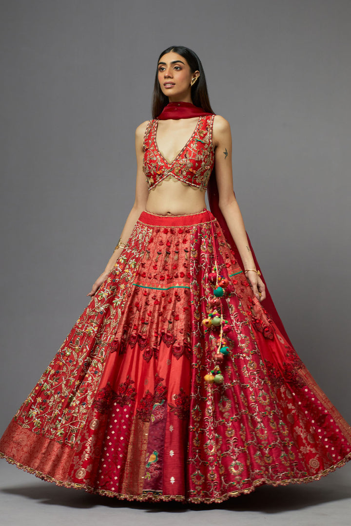 Red embroidered lehenga choli with dupatta
