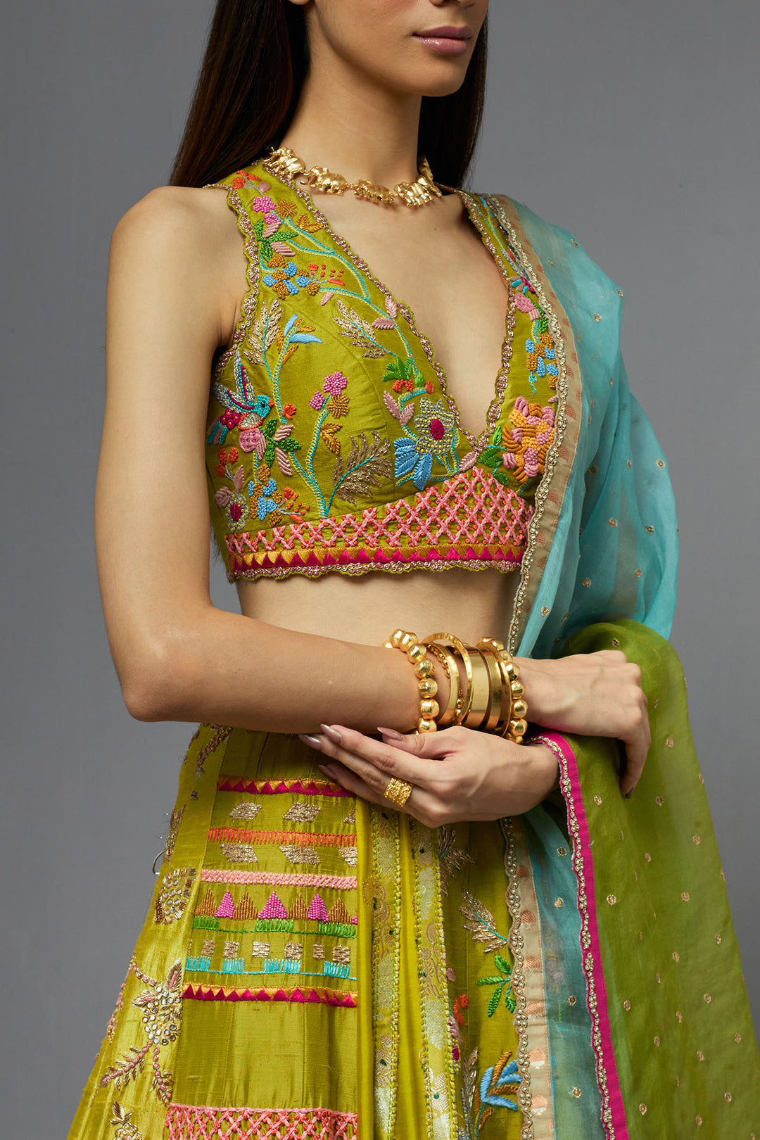 Multicolour sleeveless lehenga set with ombre dupatta