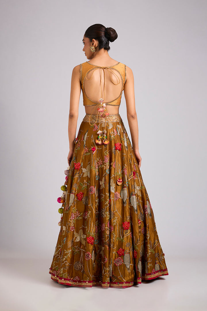 Olive Gold Floral Embroidered Lehenga Set with Blush Pink Organza Dupatta | RTS
