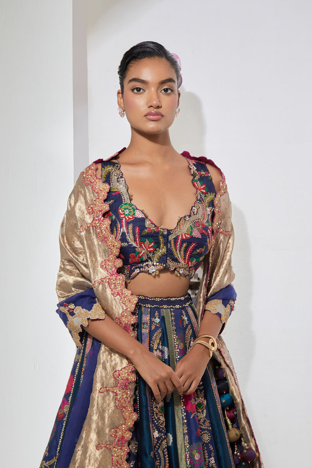 Midnight Blue Floral Embroidered Lehenga Set with Dupatta