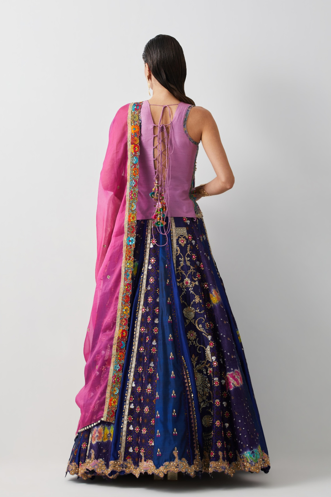 Royal Blue Silk &amp; Brocade Lehenga Set with Corset and Organza Dupatta