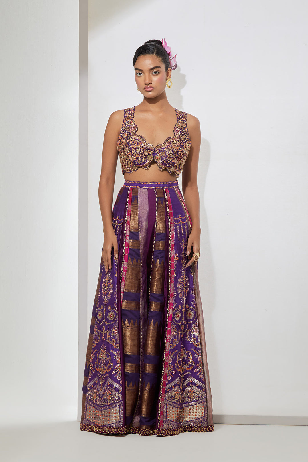 Wine Embroidered Bralette Lehenga Set with Organza Dupatta