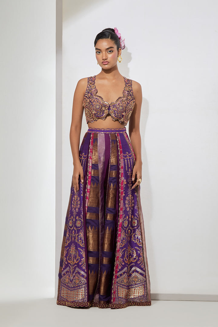 Wine Embroidered Bralette Lehenga Set with Organza Dupatta