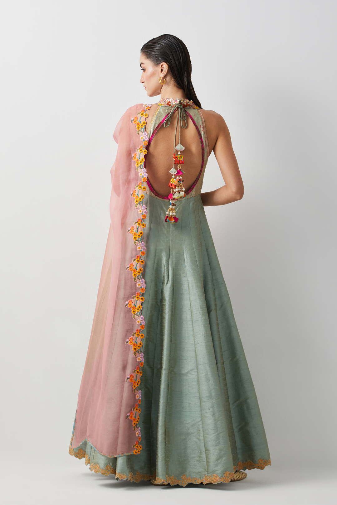 Aqua Silk Hand Embroidered Anarkali Set with Organza Dupatta