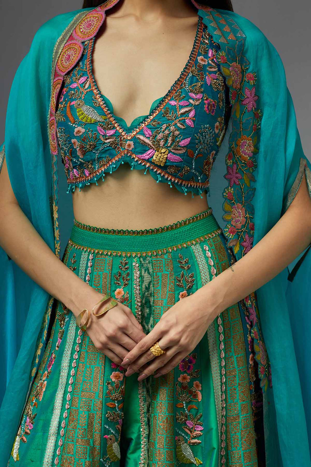 Green embroidered sharara set with ombre cape