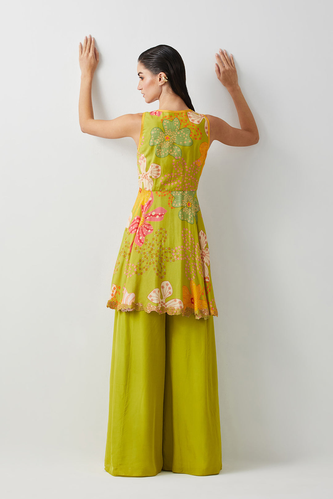 Lime green embroidered peplum sharara set