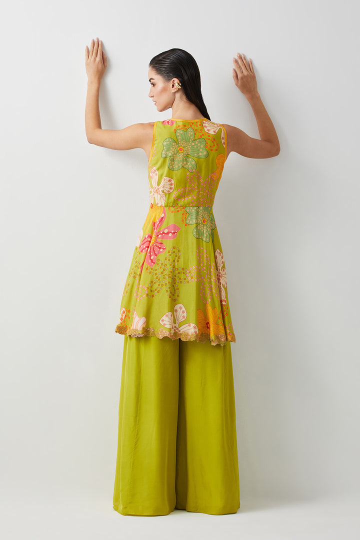 Lime green embroidered peplum sharara set