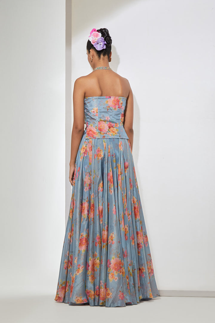 Azure Bloom Embroidered Corset &amp; Printed Skirt Set