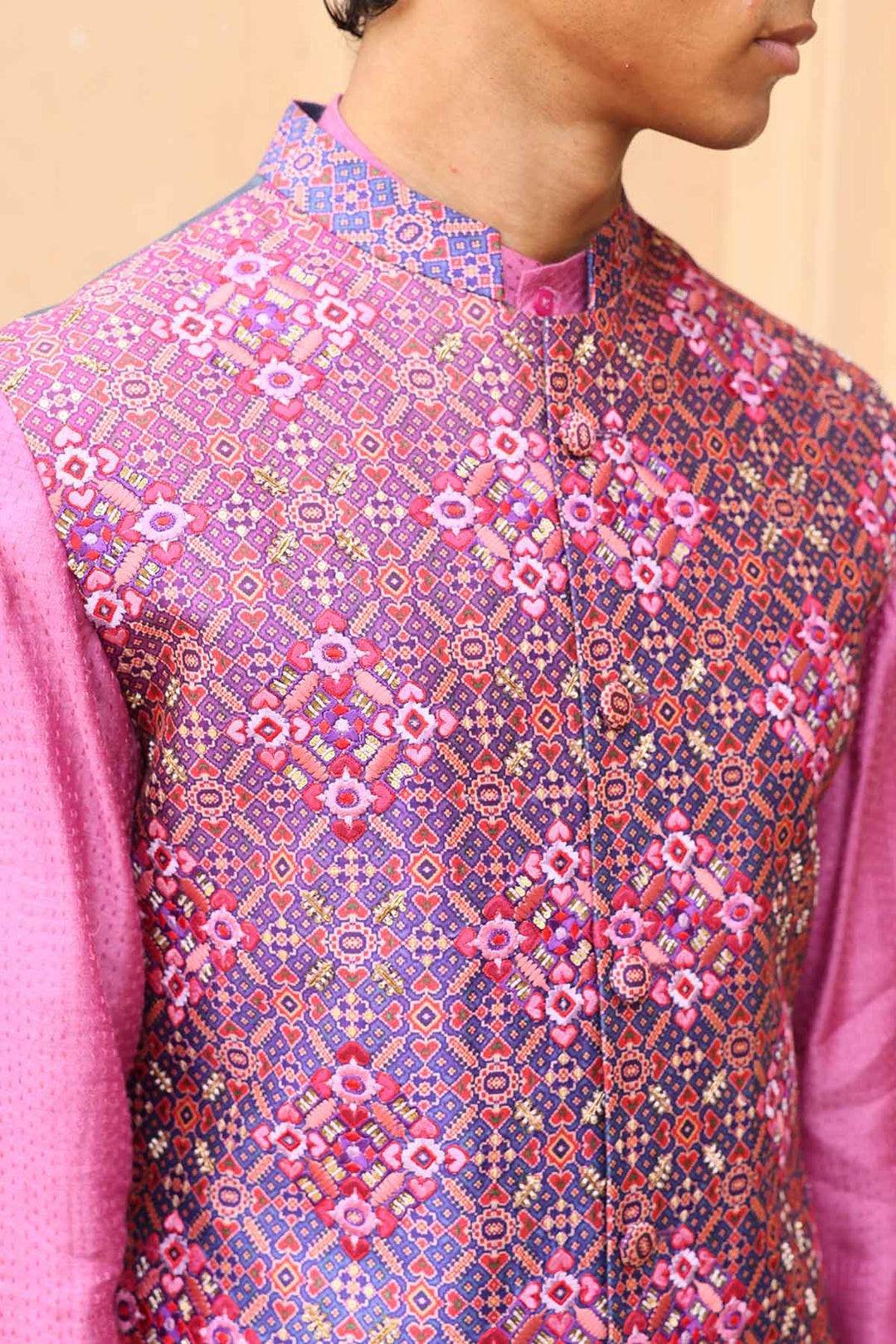 Pink Patola Silk Bundi Set