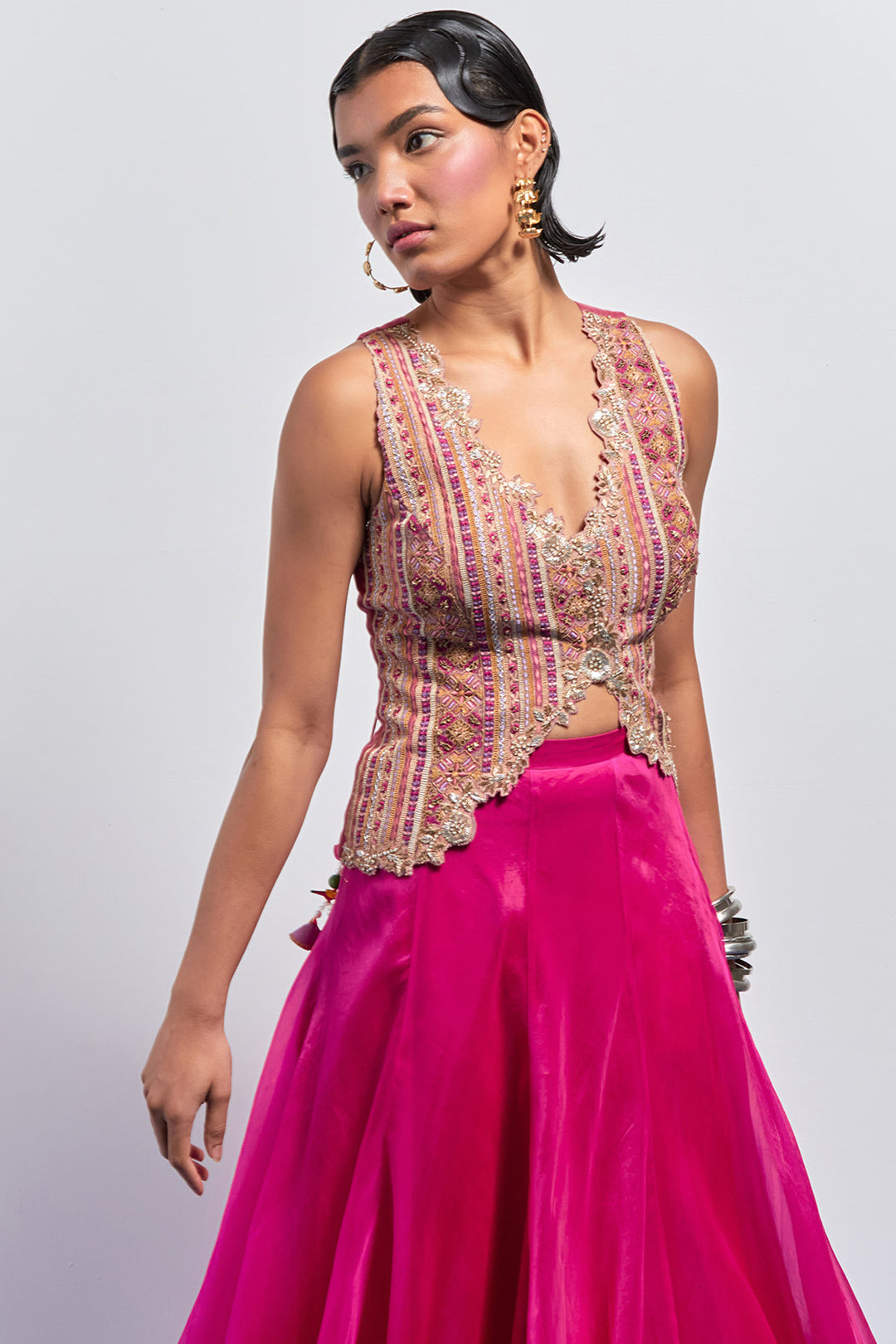 Hot pink embroidered corset skirt set