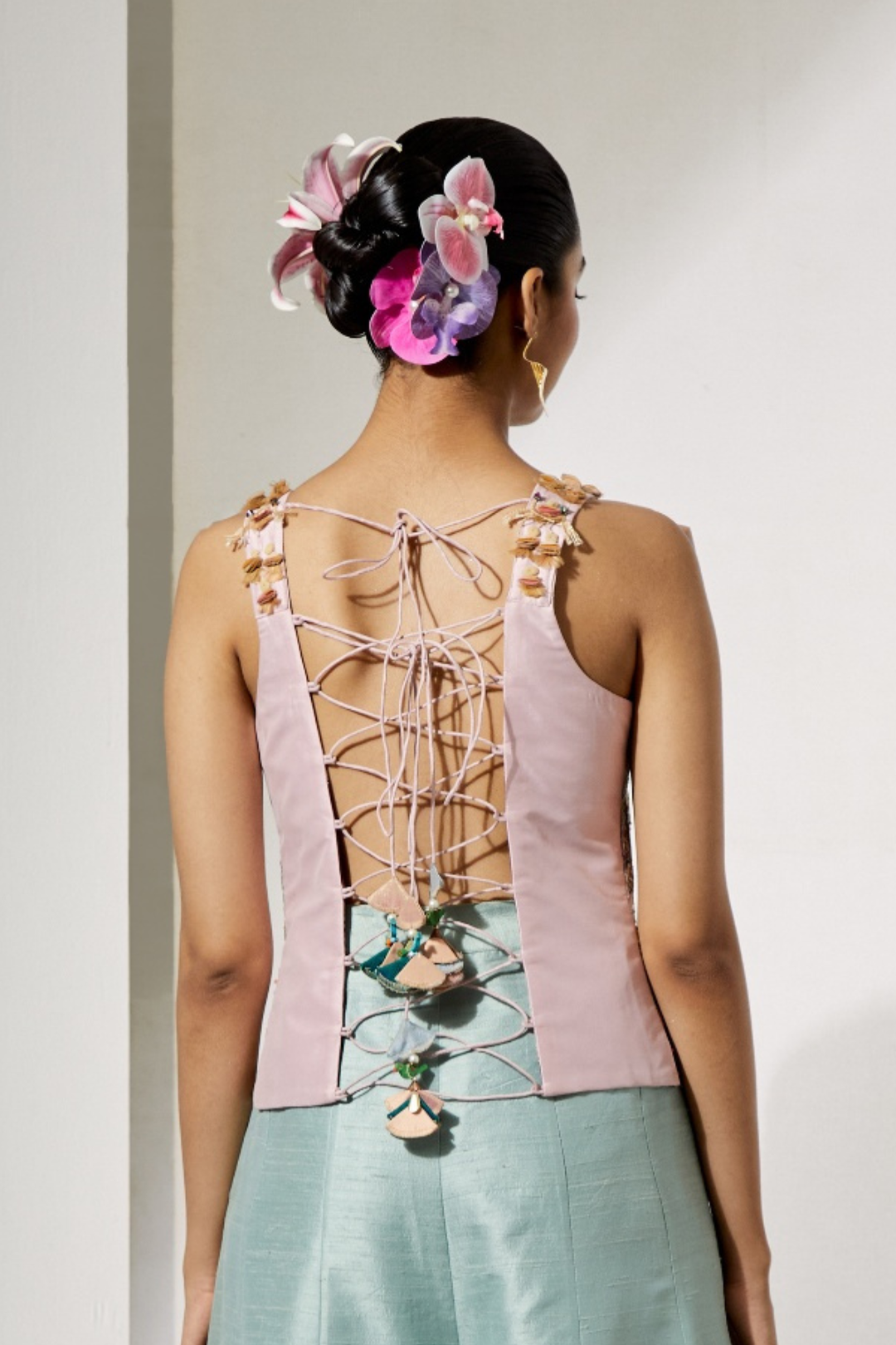 Ivory Multi-Floral Threadwork Corset Vest+Turquoise Organza Flared Skirt