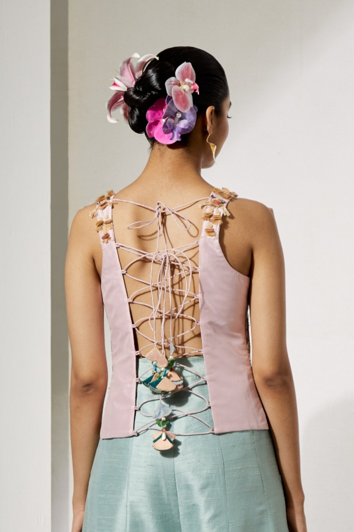 Ivory Multi-Floral Threadwork Corset Vest+Turquoise Organza Flared Skirt