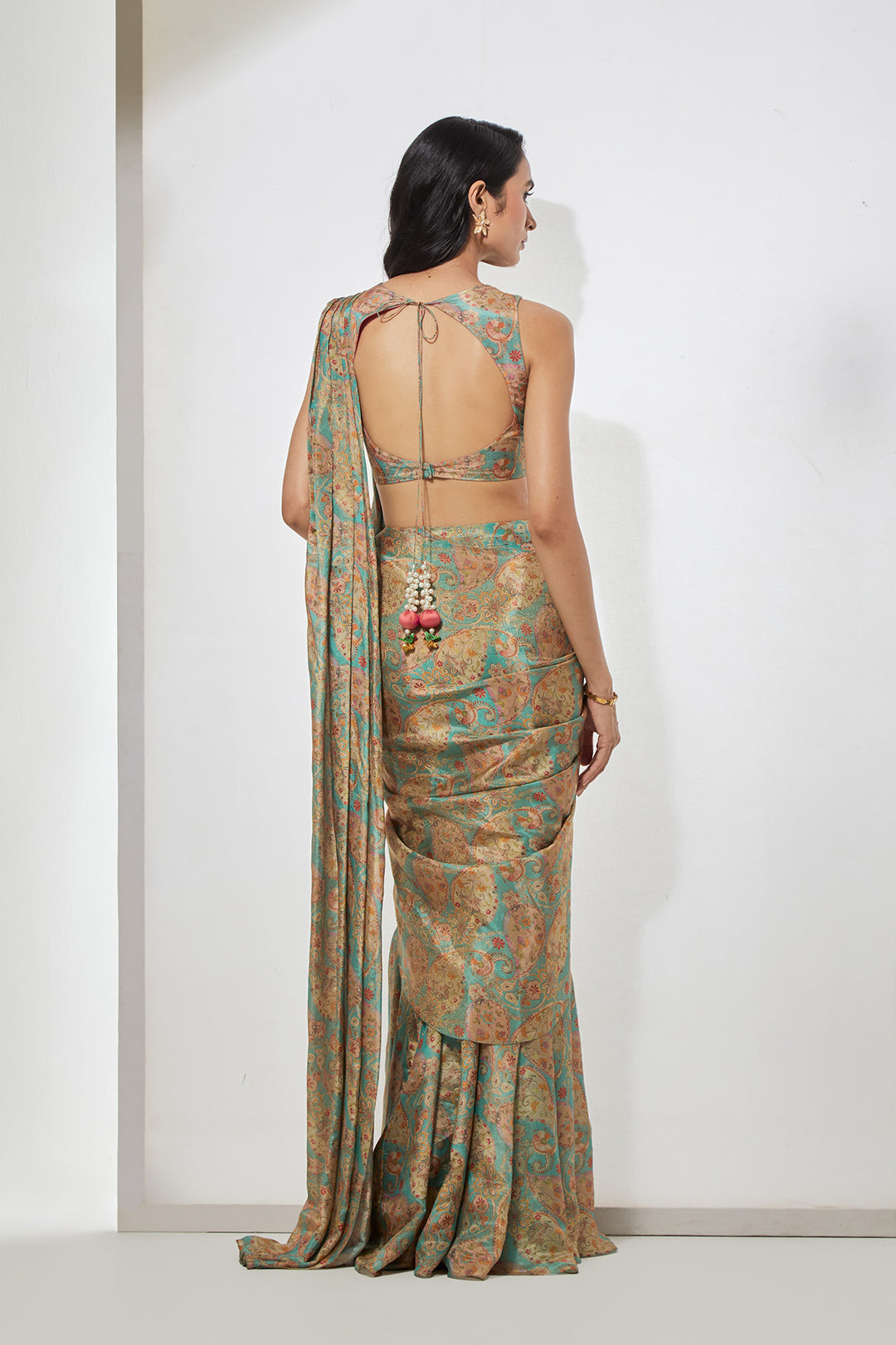 Aqua Paisley Printed Pre-Draped Saree with Corset Blouse
