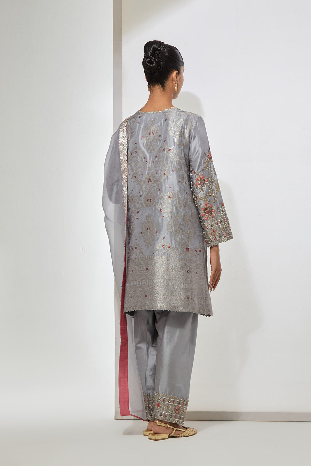 Grey Embroidered Kurta Set with Dupatta