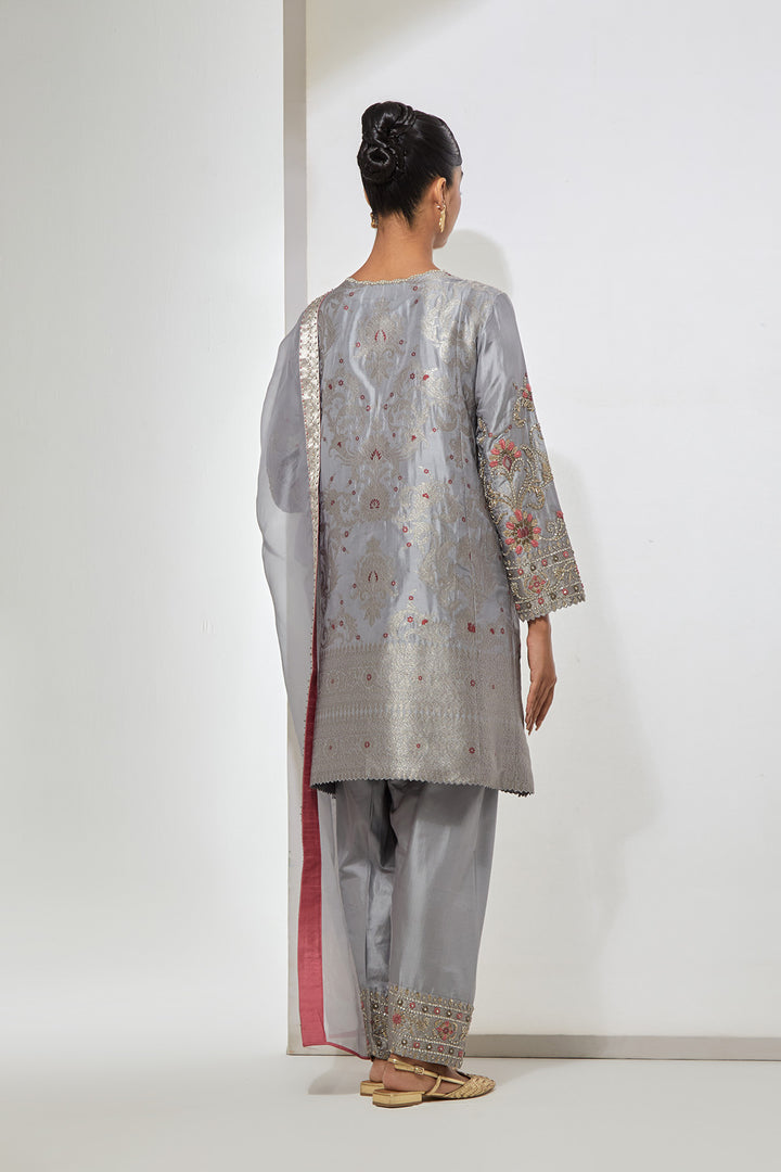 Grey Embroidered Kurta Set with Dupatta