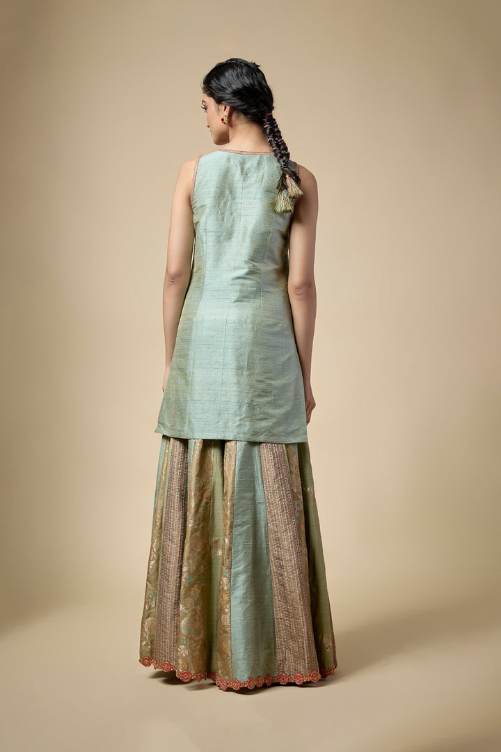 Sage Green Embroidered Jacket Set with Sharara &amp; Organza Dupatta