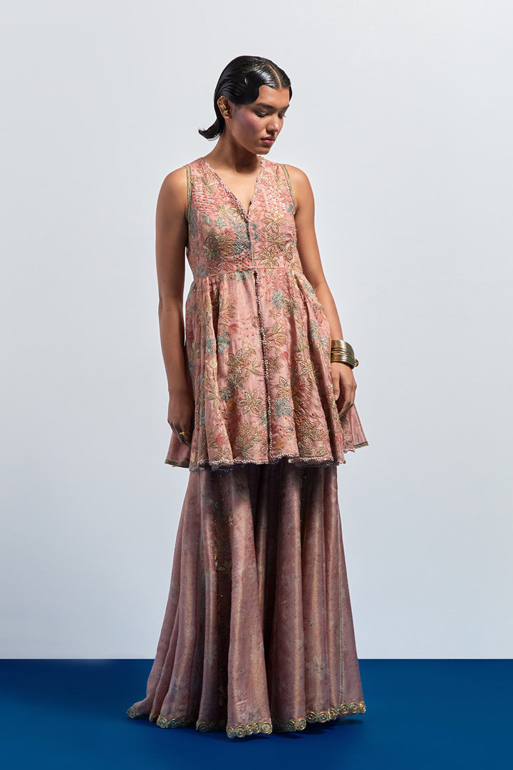 Pink embroidered peplum sharara set