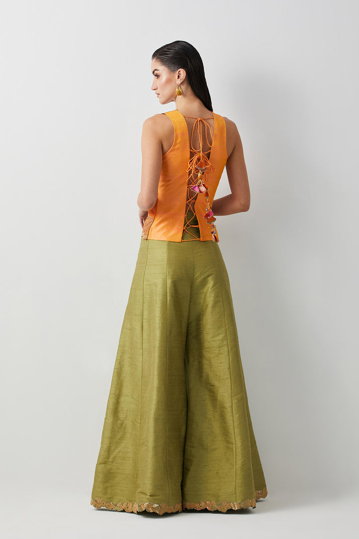 Embroidered silk jacket top with olive plazzo set.