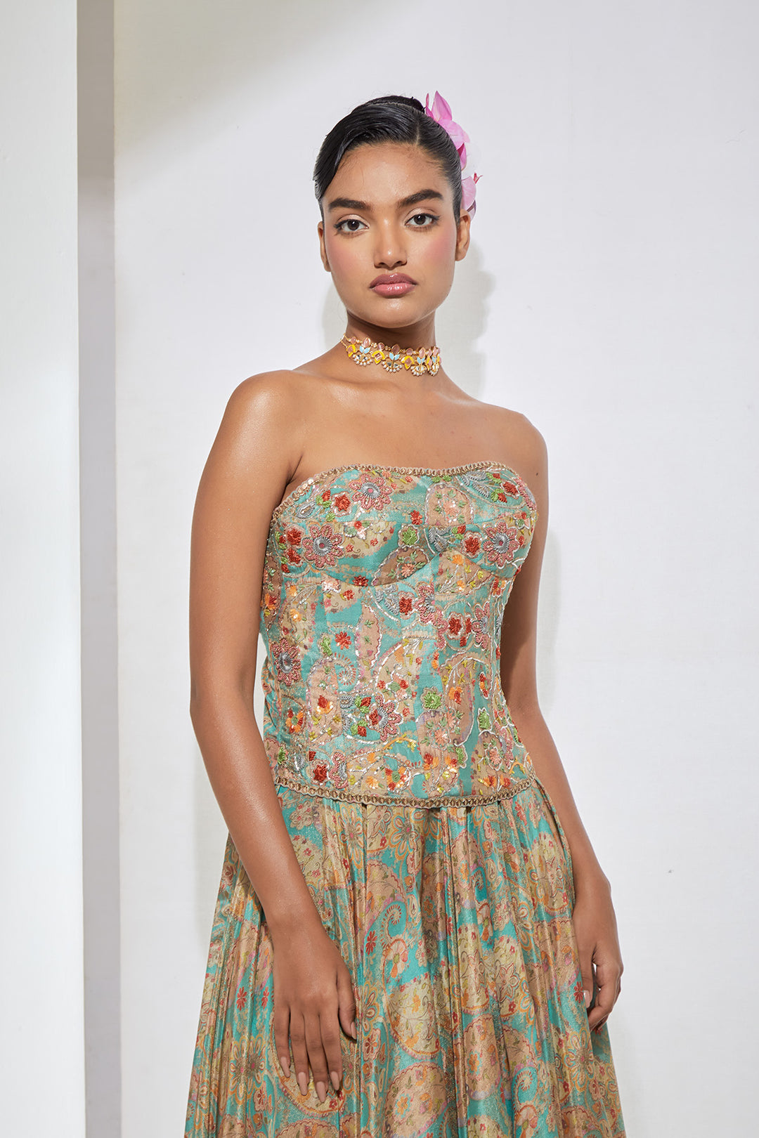 Aqua Paisley Embellished Corset with Printed Skirt Set