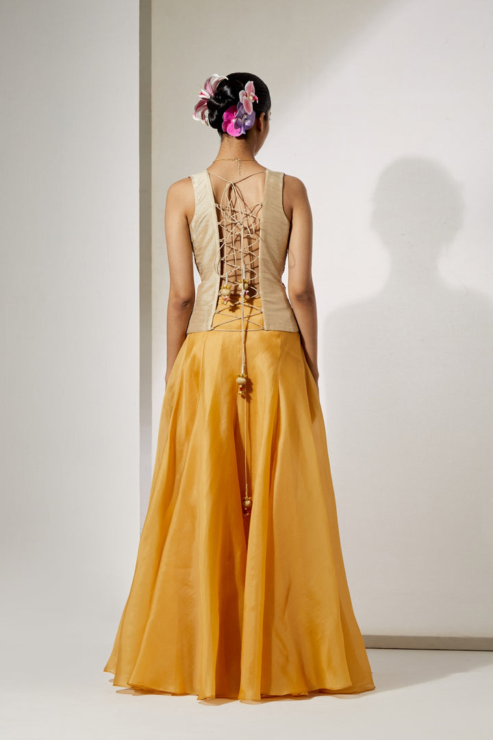 Mustard Gold Embroidered Corset &amp; Organza Skirt Set | RTS