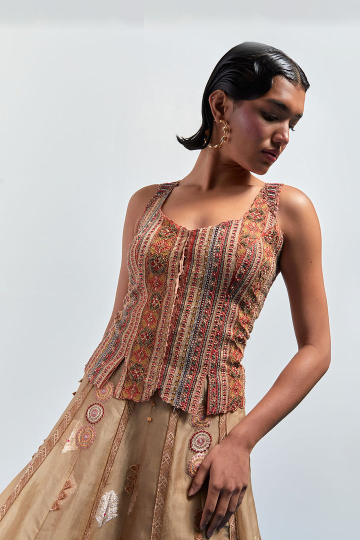 Beige embroidered skirt corset set