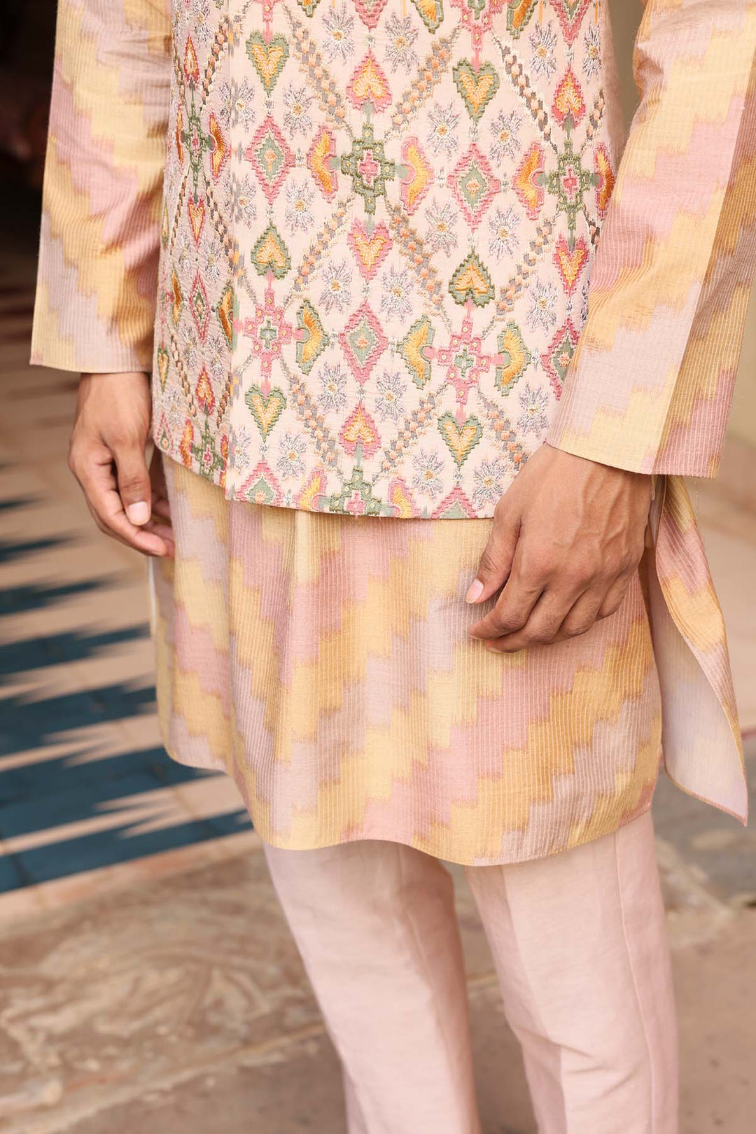 Pastel embroidered kurta set with jacket
