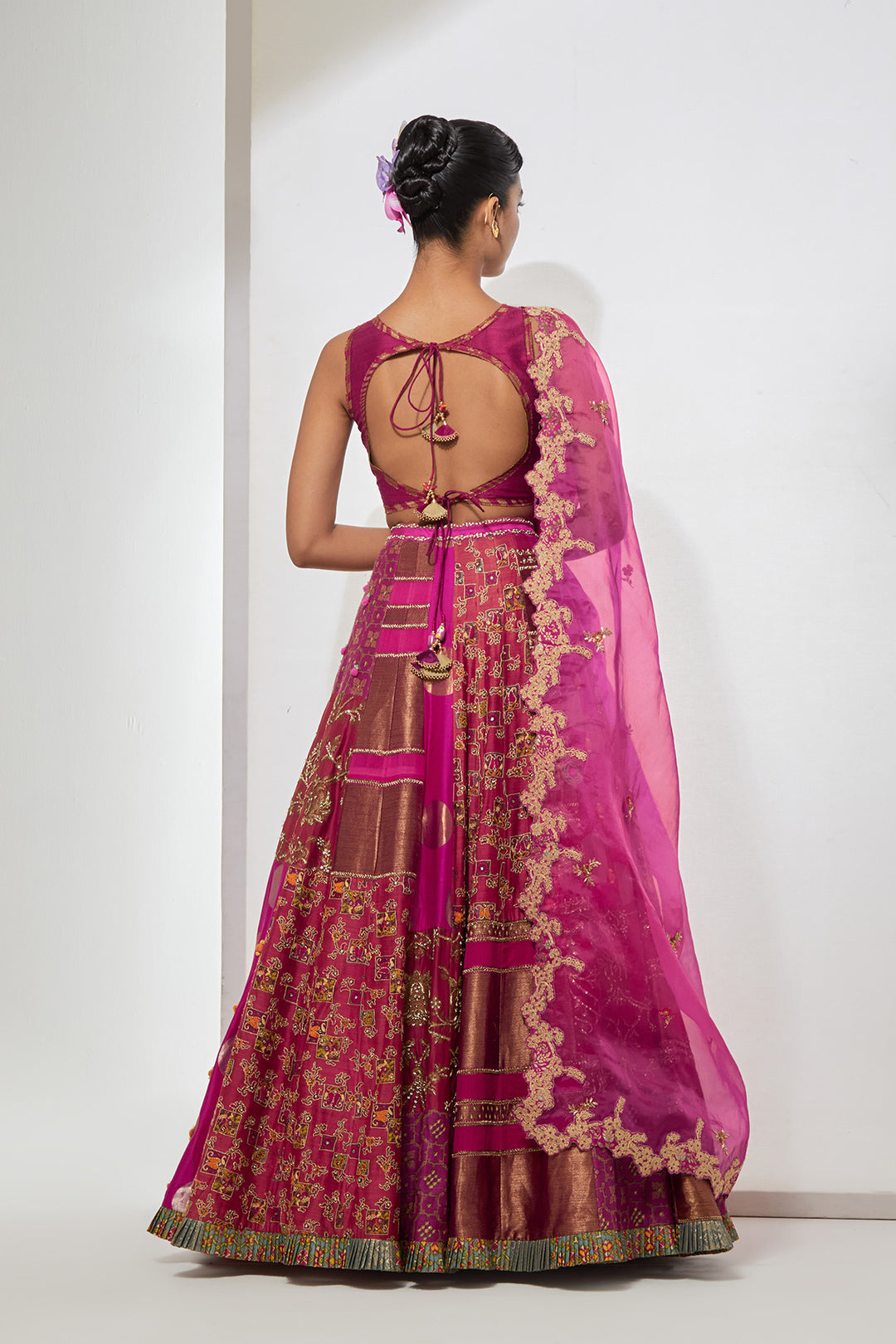 Fuchsia &amp; Rust Orange Multi-Panel Patchwork Lehenga Set with Heavy Pom-Pom Corset Blouse