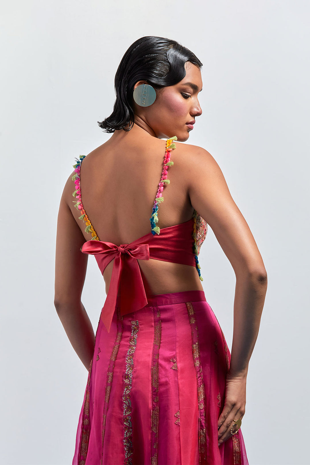 Rust Red Multi-Thread Tassel Corset+Fuchsia Pink Embroidered Organza Skirt