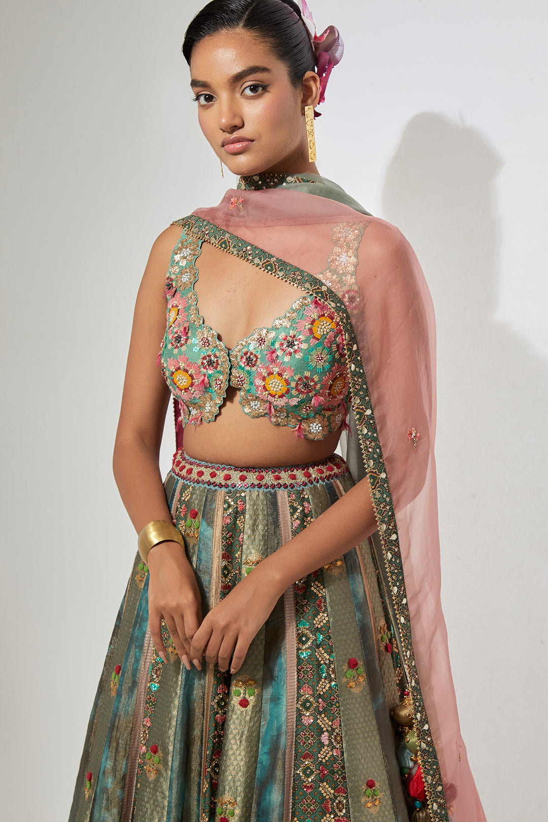 Turquoise Embroidered Lehenga Set with Ombre Dupatta