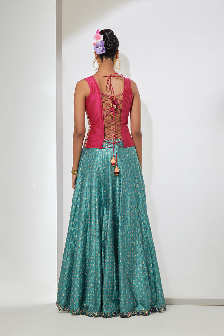 Rani Pink Embroidered Vest &amp; Teal Banarasi Lehenga