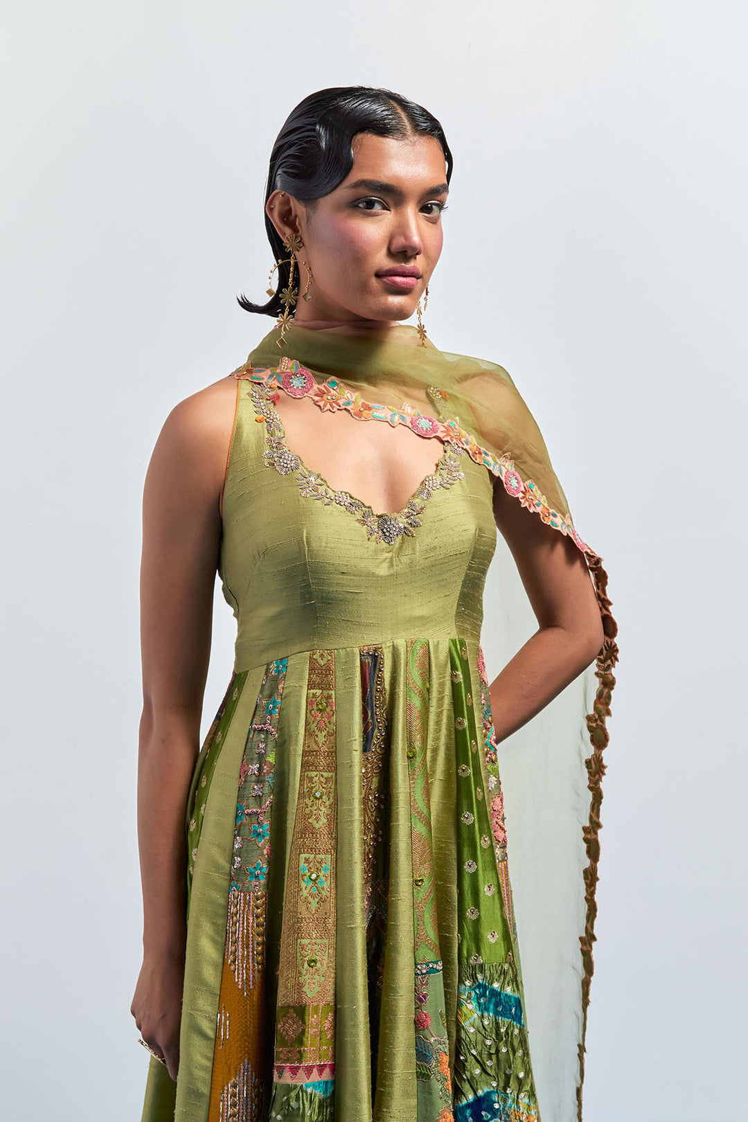 Green hand embroidered anarkali set