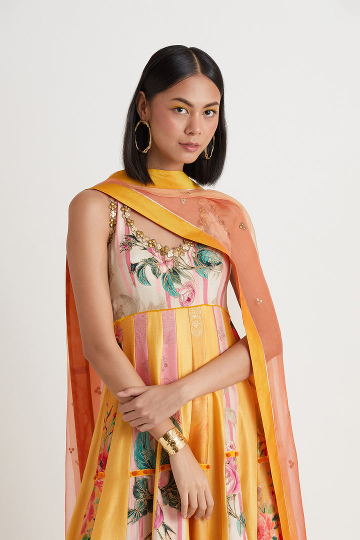Yellow pink printed embroidered anarkali gown with dupatta