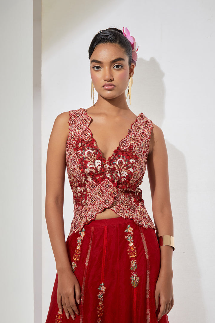 Gulab Crimson Hand-Embroidered Silk Corset &amp; Organza Skirt